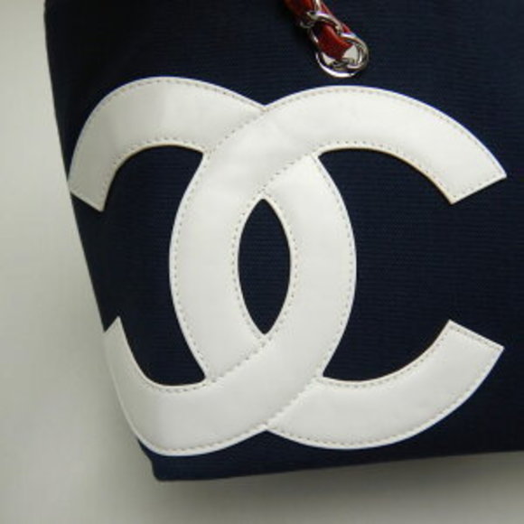 CHANEL Coco Mark Chain Tote Bag Canvas Leather Navy Blue White - Picture 3 of 8